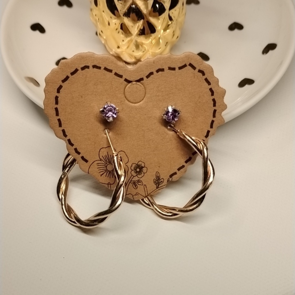 Gold and Purple Twisted Hoop Earrings